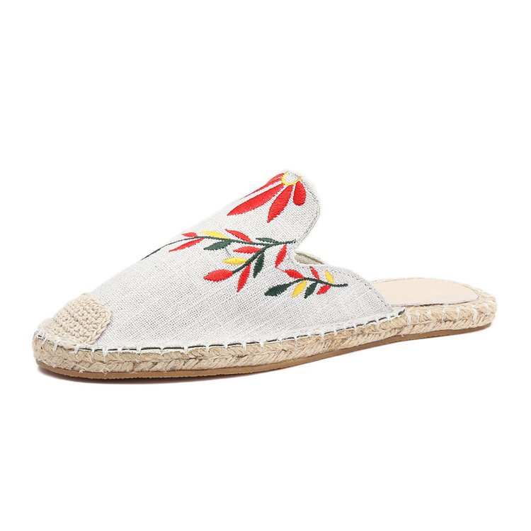 Foreign trade bestseller embroidered Baotou slippers women's grass woven hemp rope rattan bottom fisherman shoes big size 44 flat bottomed Mueller shoes