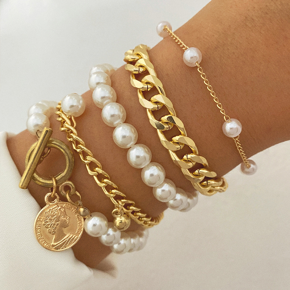Cross border Amazon hot selling item in Europe and America, Instagram style exaggerated thick chain metal chain bracelet 4-piece set