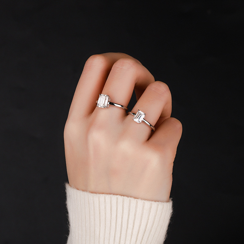 S925 pure silver ring, Mozambique diamond ring, emerald cut, Redion cut, Mozambique diamond ring, cross-border exclusive