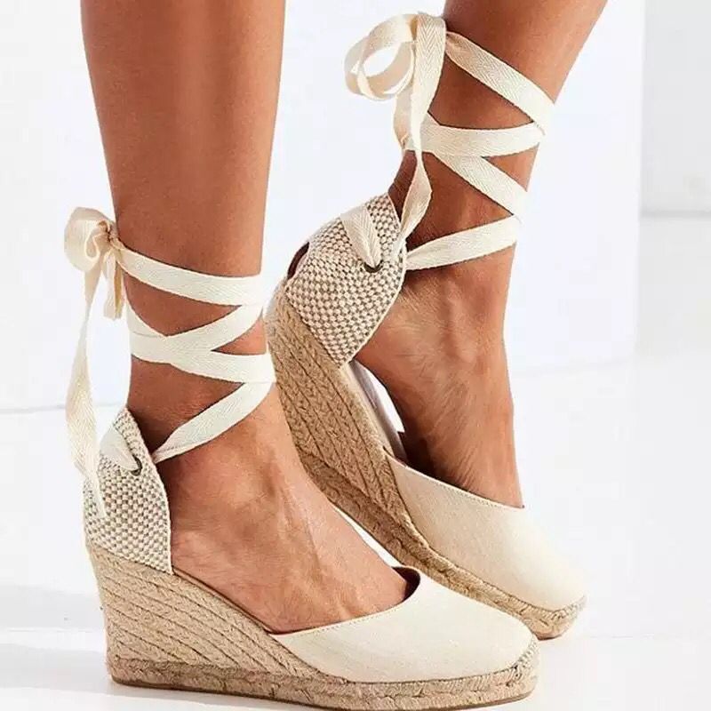 2022 Summer New Large Slope Heel Women's Sandals Thick Bottom Baotou Bag with Foot Ring Strap Cloth Surface Hemp Rope Sandals for Women