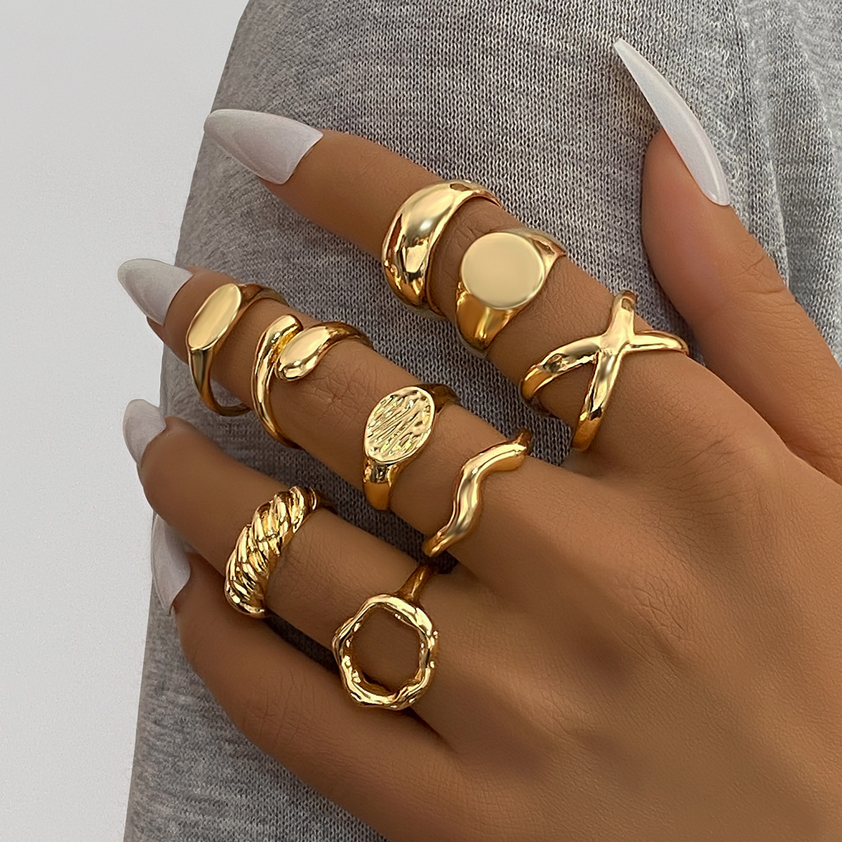 Cross border Geometry KC Gold Plated Alloy Circular Ring 9-Piece Set Irregular Smooth Open Ring for Europe and America