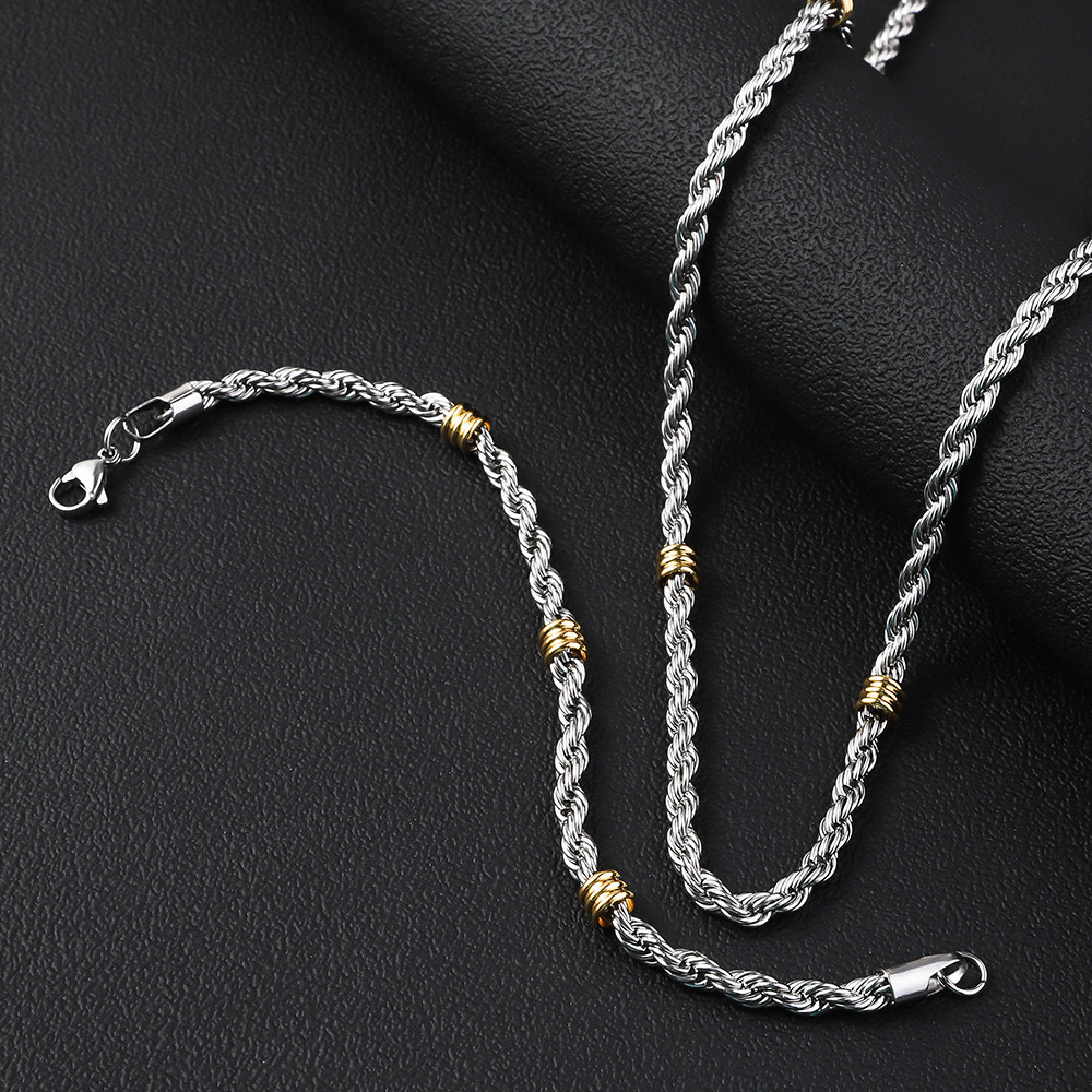 Cross border stainless steel Fried Dough Twists chain string gold bead necklace titanium steel long necklace men's simple 5.0mm Fried Dough Twists bracelet