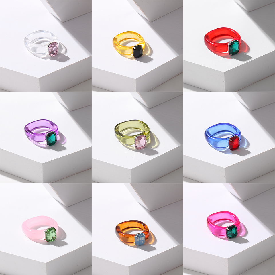 Korean jewelry world, Korean version retro geometric rhinestone resin ring, colored plastic resin gemstone ring HZS1709