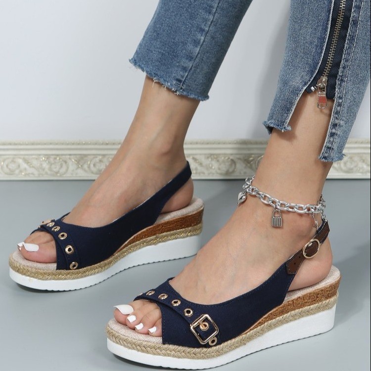 Cross border independent station summer fashion fish mouth women's sandals for foreign trade plus size one button sponge cake thick bottom beach sandals for women