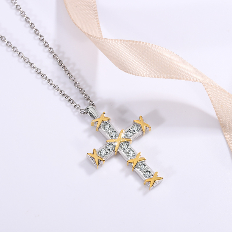 S925 Silver Mozambique Diamond Creative Novel Cross Double Color Cross Necklace European and American XO Shaped Personalized Pendant Clavicle Chain