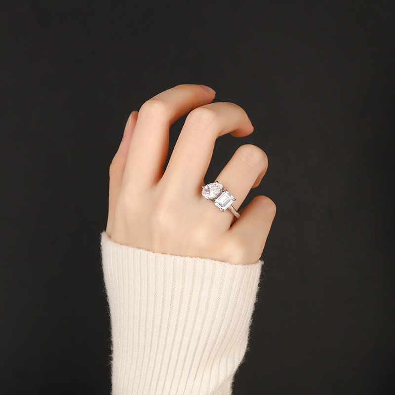 Cross border hot seller s925 pure silver irregular emerald cut pear shaped moissani diamond ring for women, niche high-end luxury wholesale