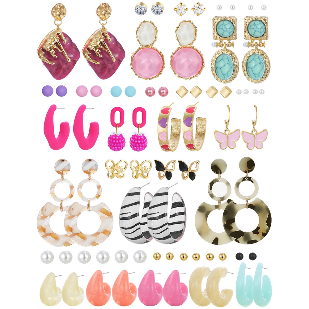 Amazon 36 Pair Retro Alloy Butterfly Pearl Earrings Creative Simple Dropping Resin Card Earrings Set
