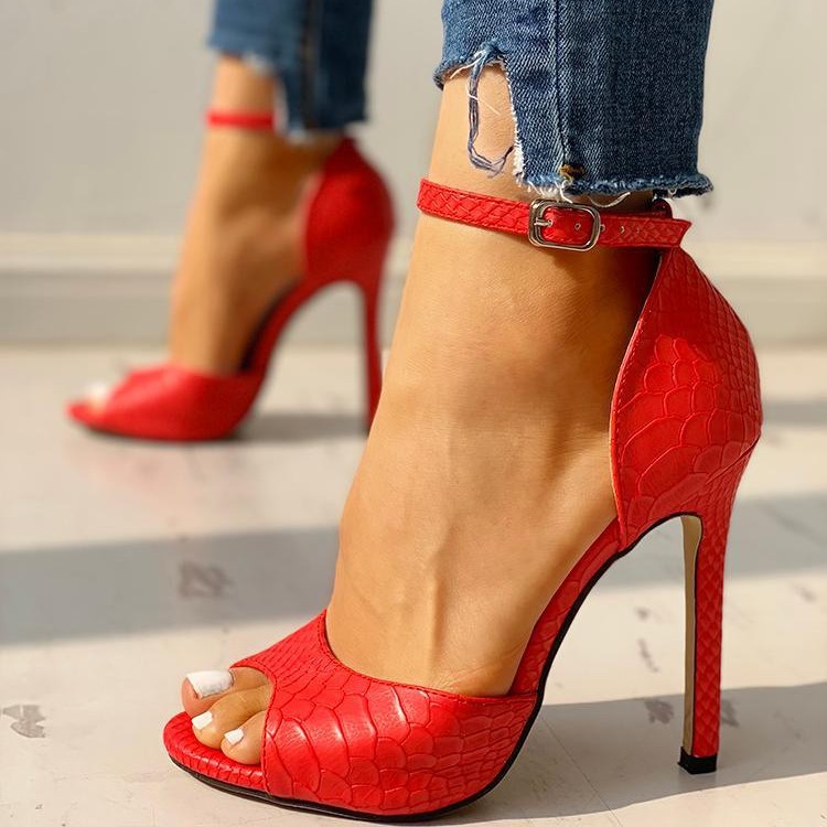 2025 New Summer Fish Mouth High Heel Sandals for Women Cross border Summer, One Button Snake Skin Pattern Fine Heel Sandals for Women, Large Size