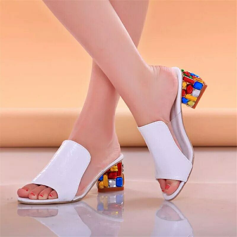 European and American plus size open toed outerwear plus size women's shoes, thick heel, straight drag women's shoes, candy color, temperament, middle heel, cool slippers