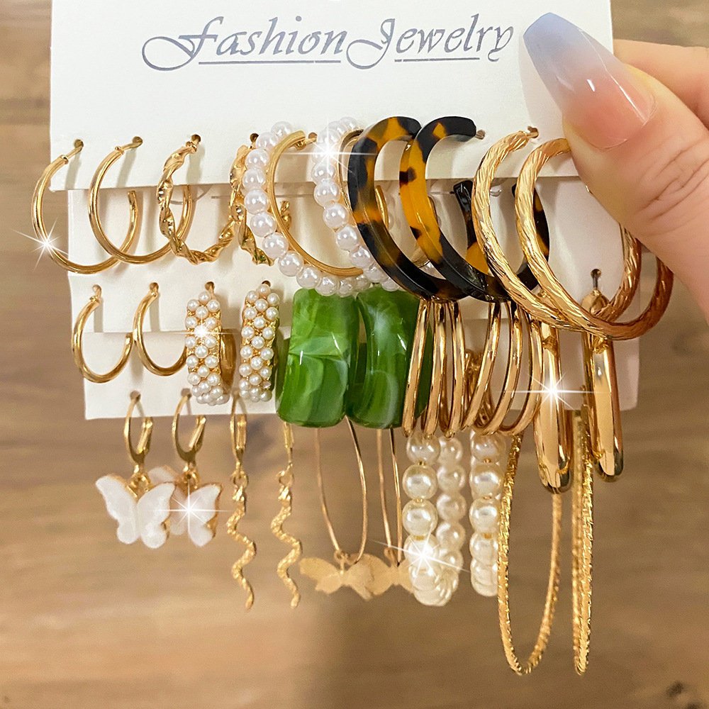European and American Cross border 5-piece Earring Set Vintage Alloy Butterfly Serpentine Earrings Creative Simple Acrylic Earring Set