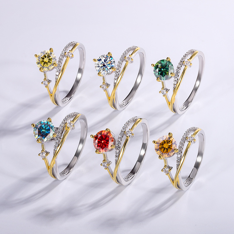 A S925 silver moissanite diamond ring with gold plating and one carat star track ring for dropshipping, available in stock from wedding ring manufacturers