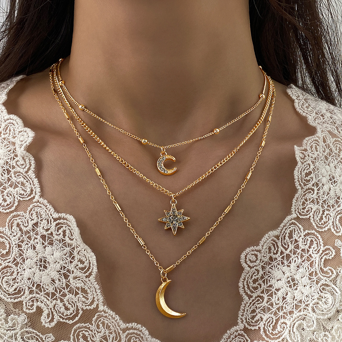European and American cross-border jewelry fashion new item set with diamonds, octagonal star, moon pendant necklace, women's retro layered necklace, necklace