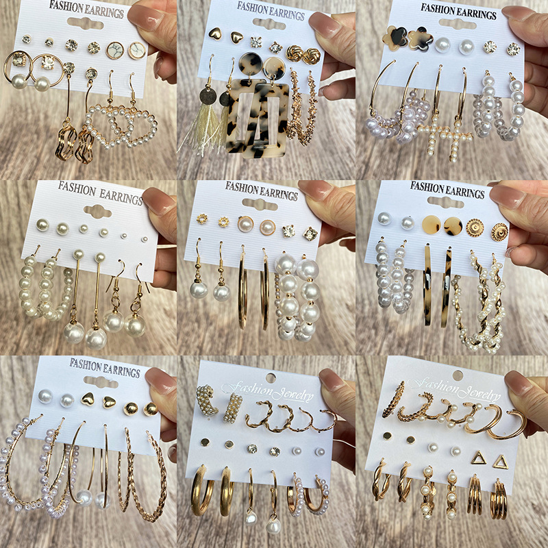 Korean version new style minimalist six piece set of pearl earrings, earrings, irregular pearl butterfly earrings, earrings for women