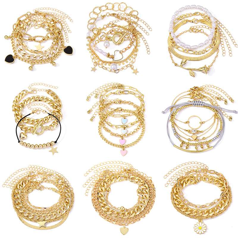 European and American cross-border retro thick chain personalized bracelet mixed and matched open bracelet bracelet bracelet, hand decoration layered style set bracelet wholesale