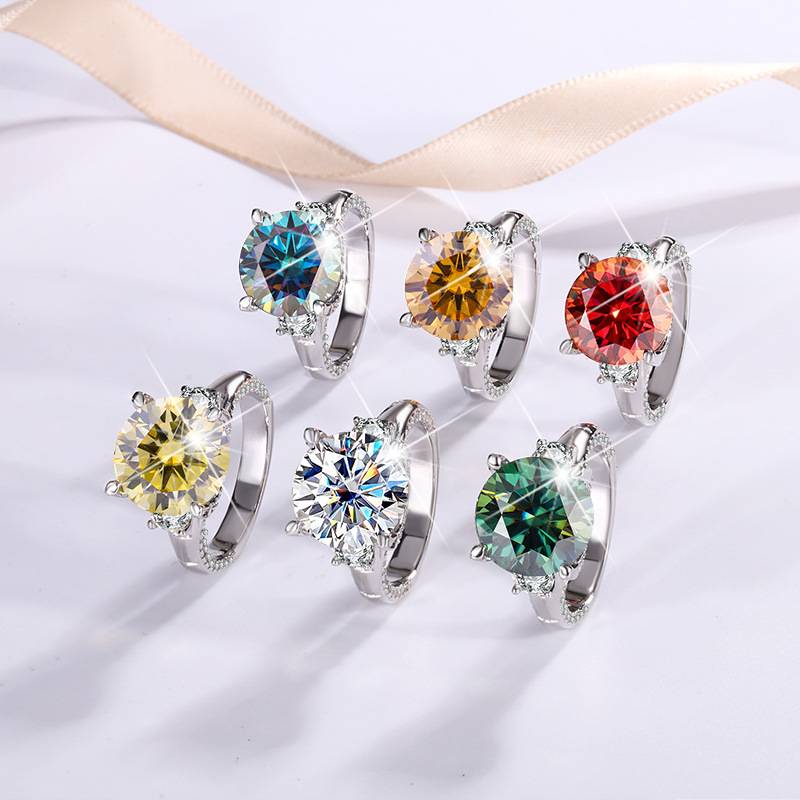 925 Sterling Silver Moissanite Diamond Ring Foreign Trade Cross border Luxury Grand Round 5-Carat Moissanite Ring Tiktok Live Broadcast