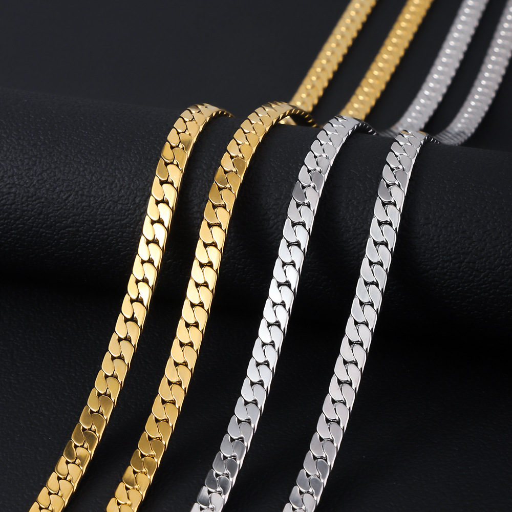 Stainless steel encrypted four sided ground men's necklace European and American minimalist plated 18K gold flat NK Cuban chain titanium steel necklace
