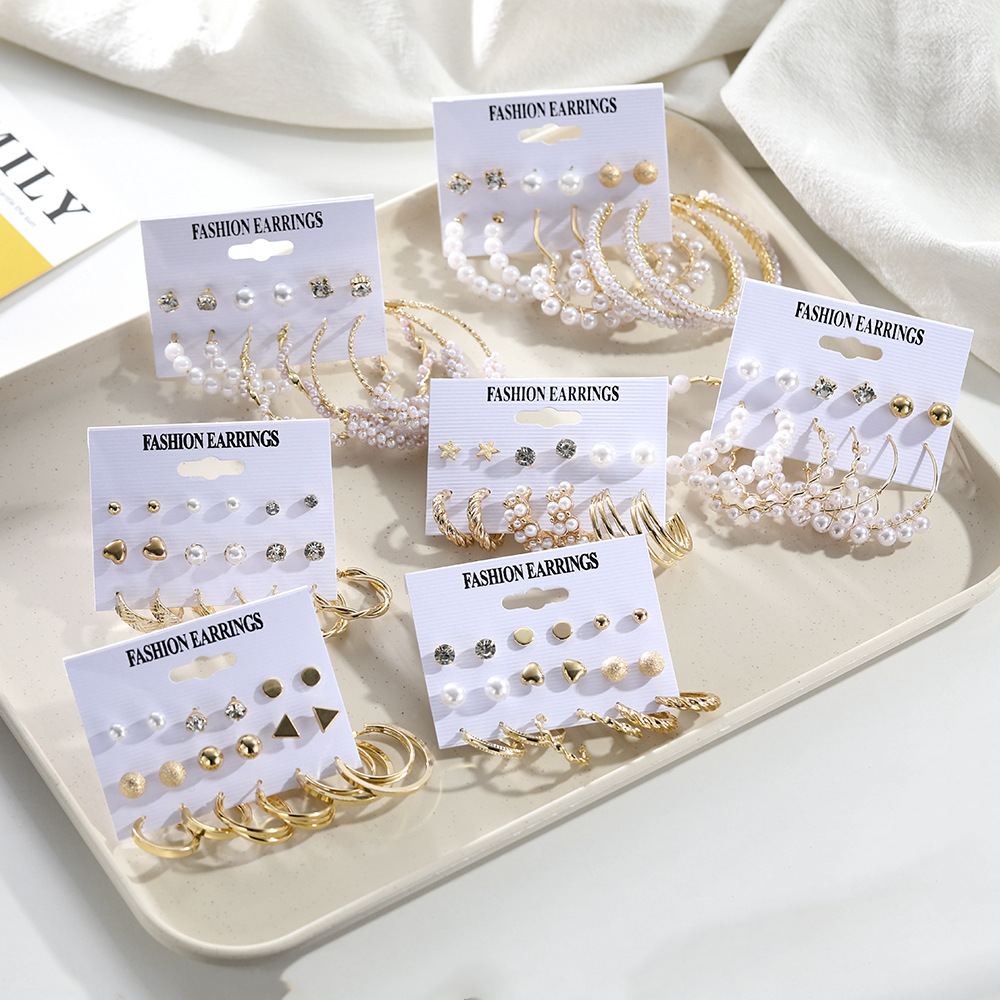 Cross border large earrings set of white pearl earrings in the Korean jewelry industry, 6-piece set of geometric star rhinestone metal earrings