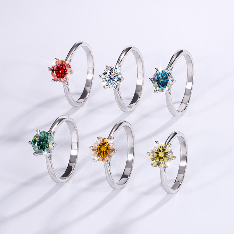 S925 pure silver ring, Mozambique diamond ring, Japanese and Korean fashionable women's classic six claw diamond ring, bride's wedding jewelry