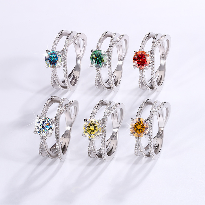 S925 pure silver women's D-color one carat diamond ring, moissanite ring, colorful micro inlaid three circle, three life and three life belt certificate