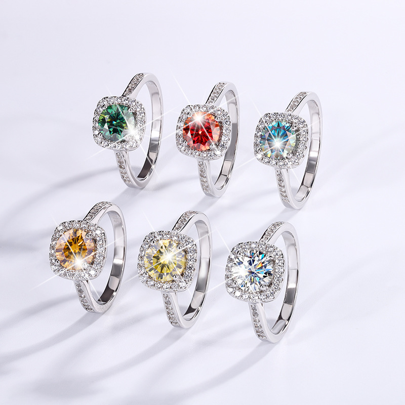 Princess Fang Bao Mo Sang Stone Empty Stand Simulation Diamond Ring Finger Women's Classic 1 Carat Live Source s925 Pure Silver Ring