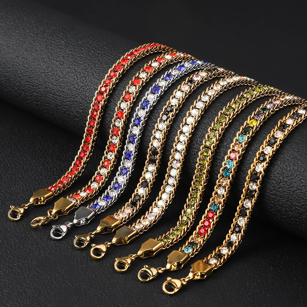 Cross border hot selling stainless steel color diamond zircon bracelet, versatile for men and women, plated with 18K gold for color retention, titanium steel bracelet for hand jewelry