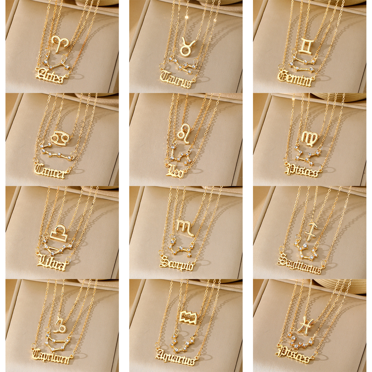 Cross border Twelve Constellation Alloy Necklace Women's Multi Layer 12 Constellation Gold Diamond Set 3-Piece High End Jewelry