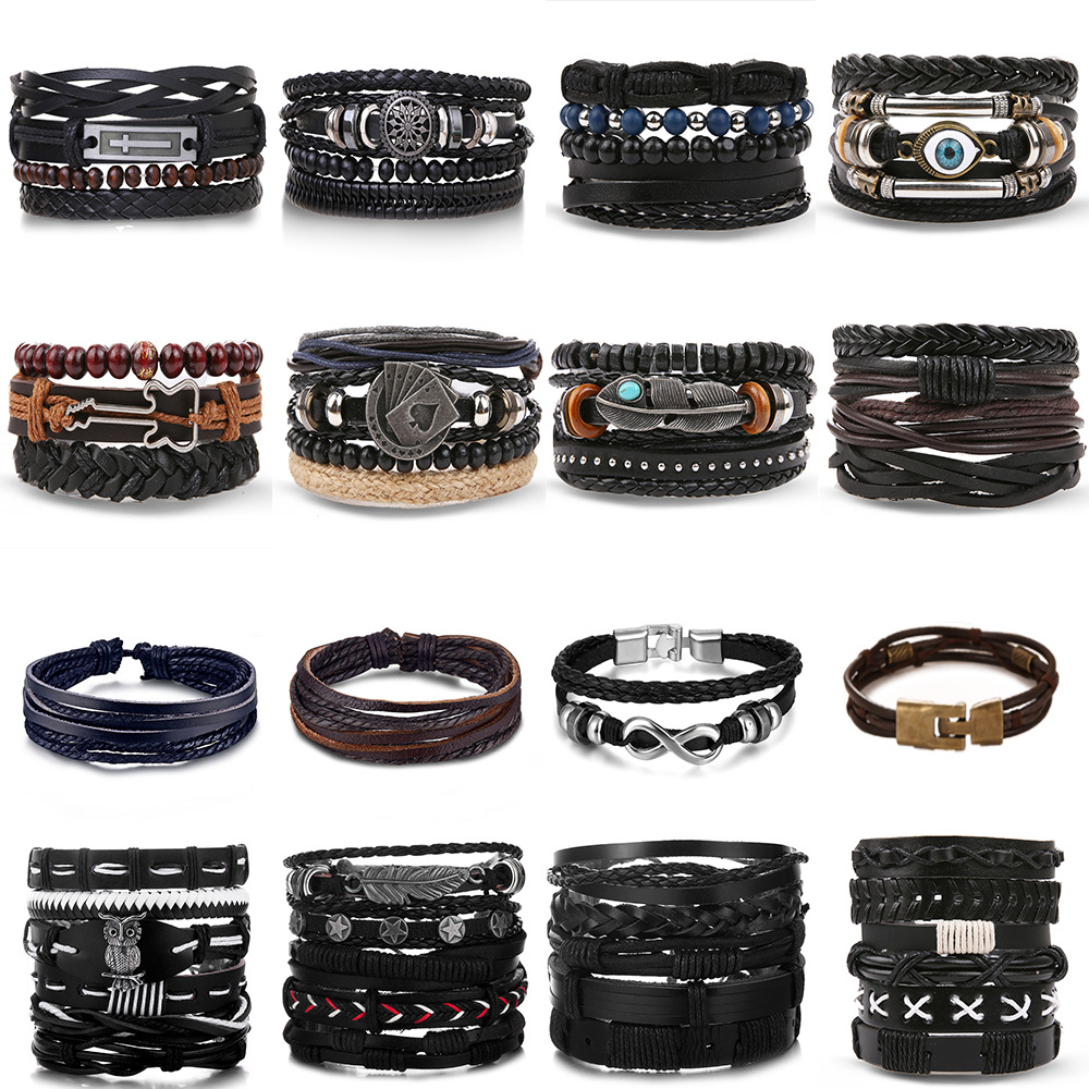 Retro bead bracelet for men, fashionable hollow triangular leather bracelet and bracelet, multi-layer wide wrapped jewelry
