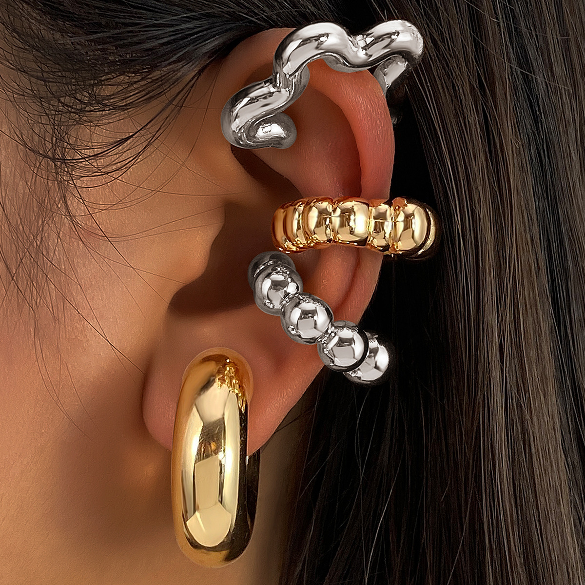 European and American fashion exaggerated C-shaped ear clip with water droplet texture earring set without ear holes ear clip personalized cross-border earrings