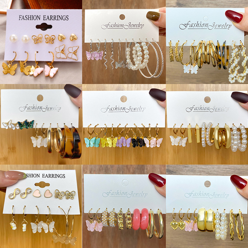 Butterfly Earrings Cross border New Set 6 Pair Creative Simple Acrylic Butterfly Earrings 8-Character Peach Heart Earrings Female