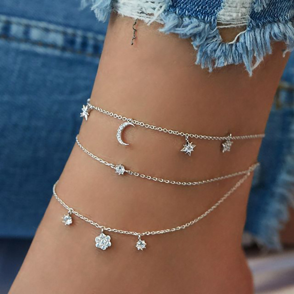 European and American Creative Foot Chain Fashion Personality Geometric Star Moon Pendant Multi piece Set Beach Foot Chain Wholesale