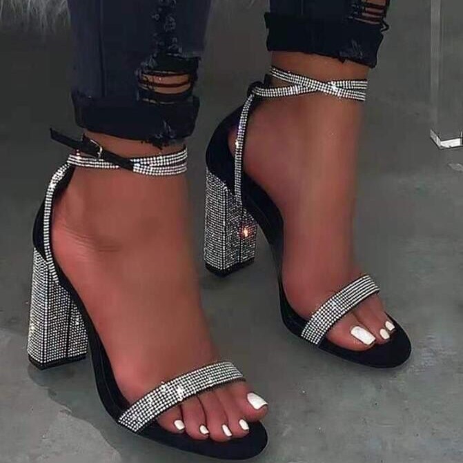Cross border plus size 43 high-heeled rhinestone sandals for women in summer in Europe and America, with buckle straps and exposed toes, thick heel sandals. Sandals