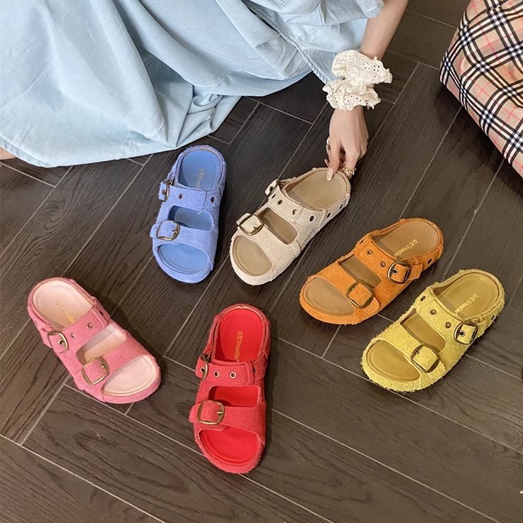 2025 Summer New Genuine Leather Thick Bottom Cool Slippers Round Head Boken Shoes French Simple Anti slip Slippers Boken Shoes Women