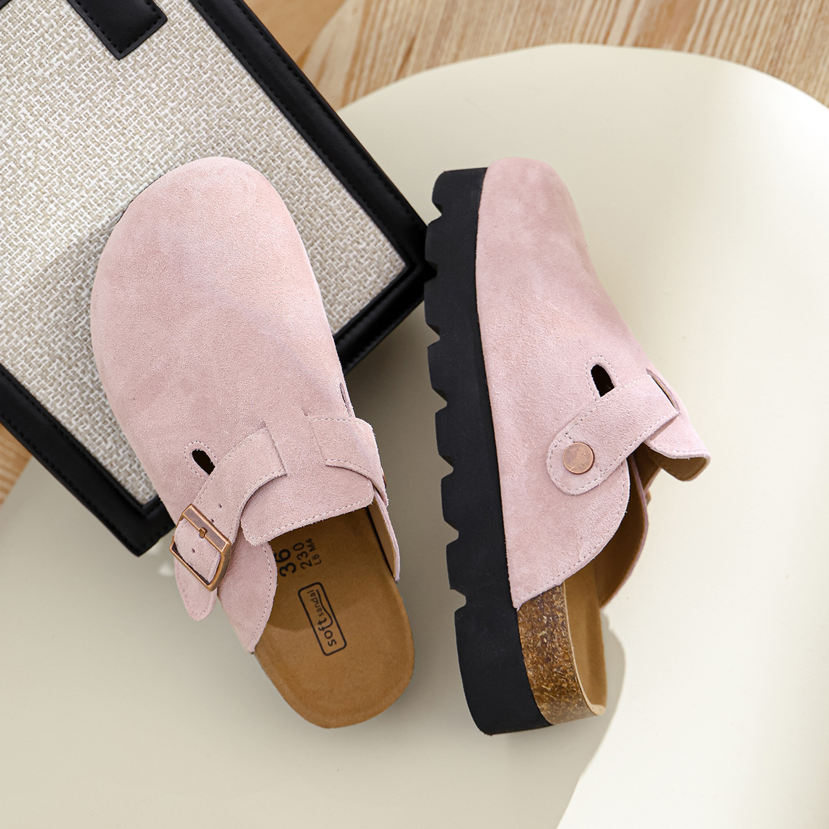 Pink Boken shoes with thick sole, 5cm tall for short people, 2024 new toe cover, half trailer, leather Boken shoes for external wear