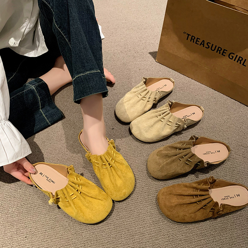 Made of genuine leather, flat bottomed Haken shoes for women, 2025 new style, spring and summer, one foot kick, toe cap, half slippers, versatile lazy slippers