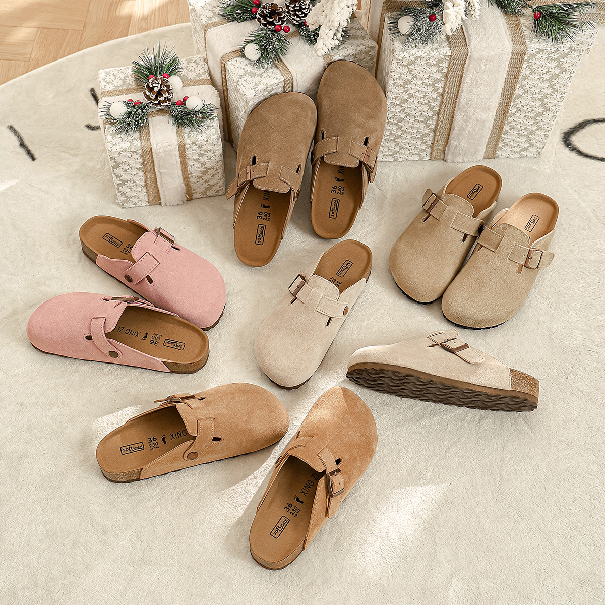 Boken shoes, genuine leather, cowhide, cowhide, suede, flat toe, half flip flops, one foot lazy shoes, thick soled big toe shoes