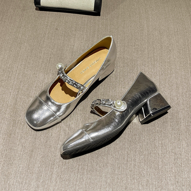 Genuine leather Mary Jane single shoes women's shallow mouth shoes with thick heels 2024 spring new round toe French color blocking temperament silver single shoes