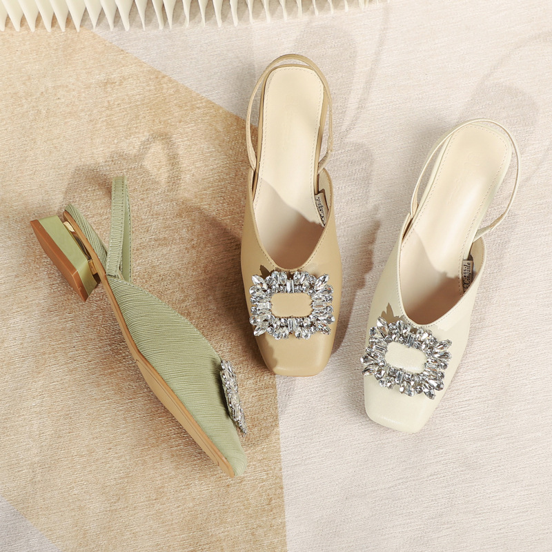Genuine leather rhinestone sandals with toe caps and half slippers for fashionable outdoor wear, 2022 new summer square toe, thick heel, half back single shoe
