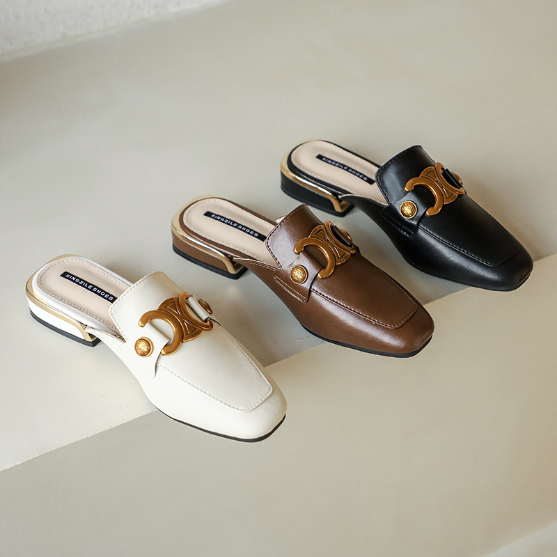 Genuine leather M ü ller shoes with toe caps, half drag sandals, 2023 spring/summer new Korean version square toe single shoes, thick heels, cowhide sandals