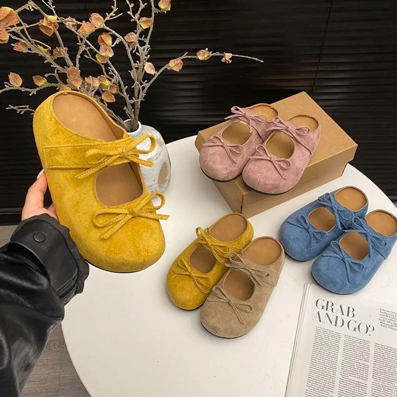 Genuine leather Boken shoes women's bag with thickened toe sole 2025 new retro versatile bow soft sole half slipper