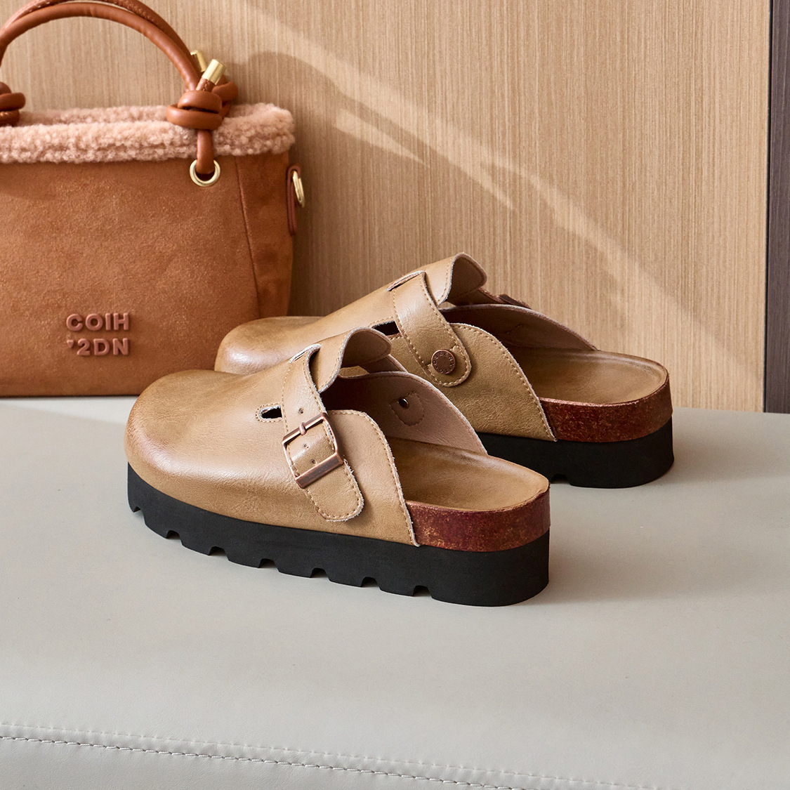 Genuine leather Boken shoes with a retro thick sole and increased height. Spring 2025 new item with a half trailer toe cover and leather Boken shoes for external wear