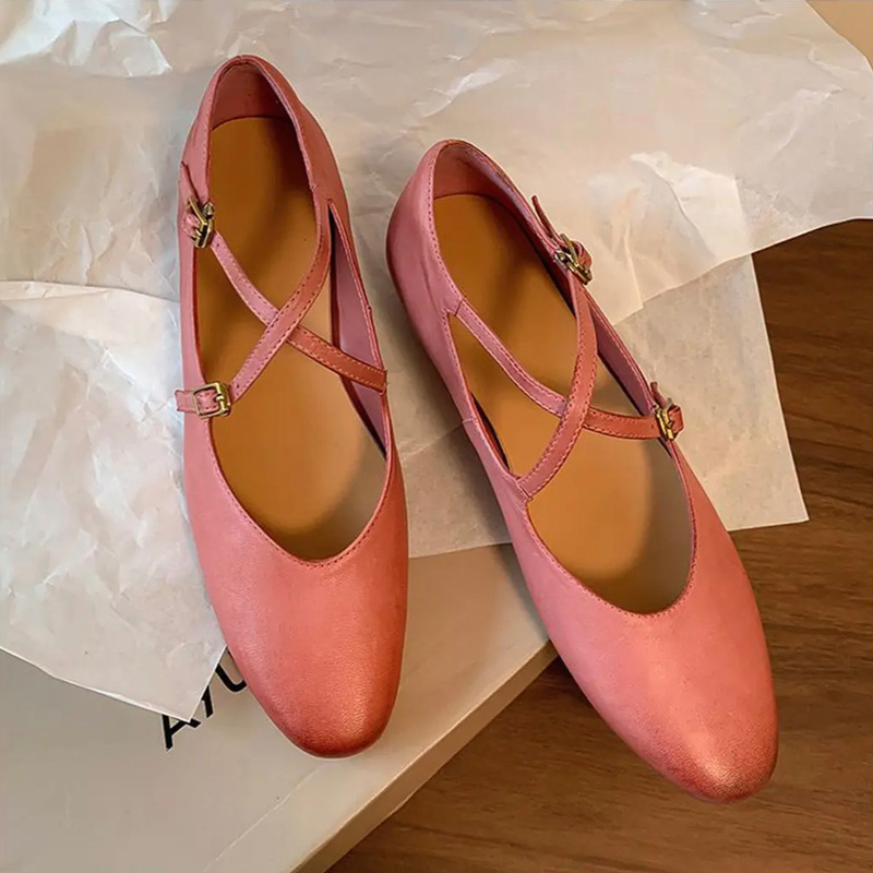 Cowhide cross strap Mary Jane shoes, women's shallow retro single shoes, round toe pink flat shoes, women's low cut leather single shoes