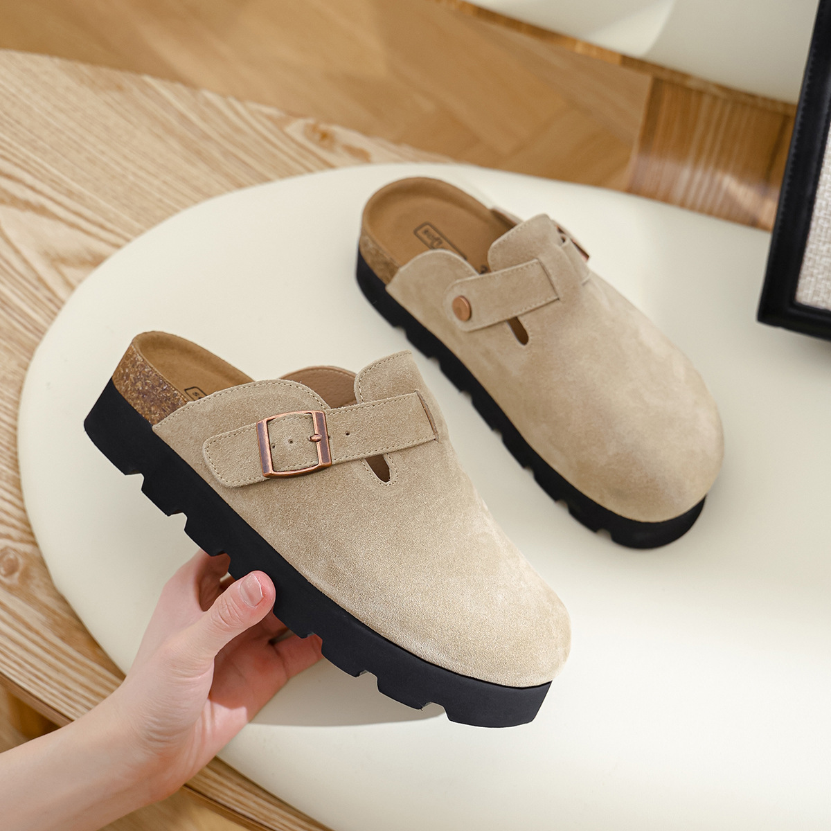 Thick soled women's leather half slippers with an additional 5CM inside, summer new short shoes with toe caps, Haken shoes