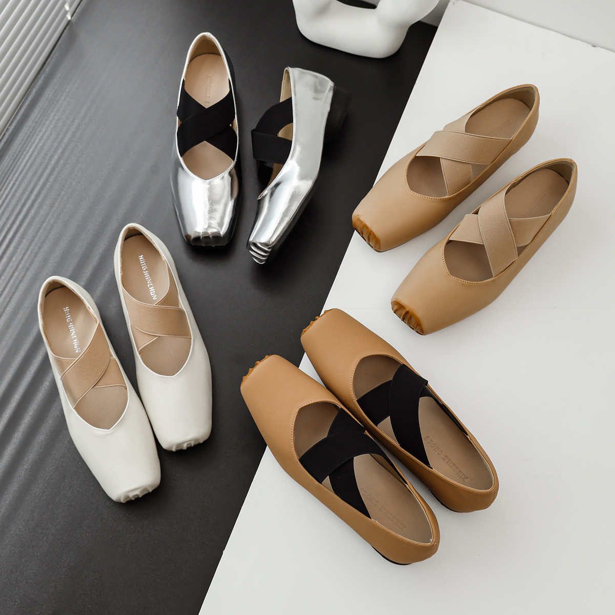 Single shoe ballet shoes, genuine leather square toe French retro shallow cross strap, pig nose soft soled Mary Jane shoes