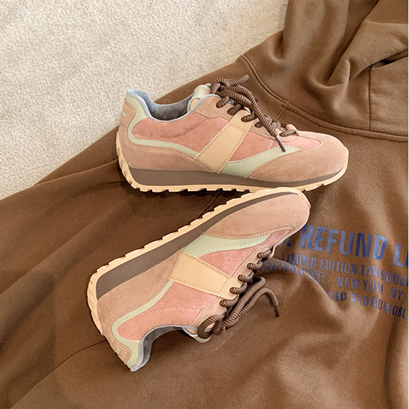 Leather board shoes for women's sports fashion, contrasting color white shoes, 2023 new German training shoes, thick soled lace up versatile casual shoes