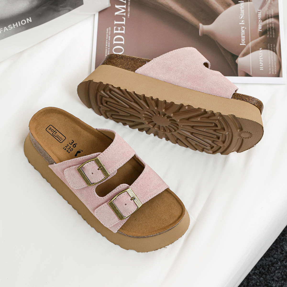 Pink slippers for women with thick soles for summer wear, with a high-end feel and height increasing shoes. Short women's cool slippers are made of genuine leather and Birken slippers