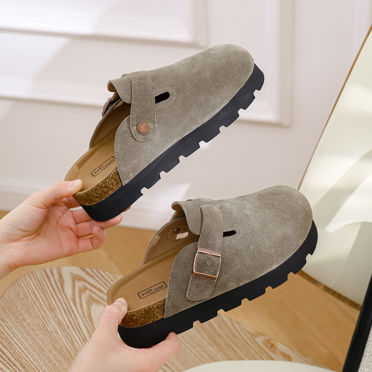 Thick sole 5cm Boken shoes, cowhide cowhide suede 2024 new model, short height, raised toe, half slippers for external wear