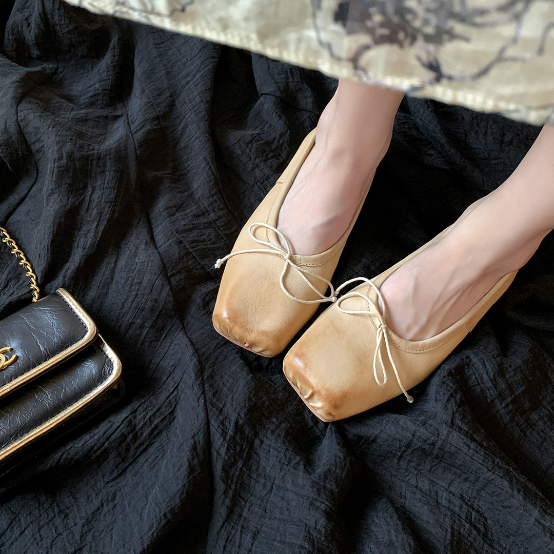 Real leather bow ballet single shoes for women, autumn Mary Jane shoes, thick heels, fairy soft soles, pig nose ballet shoes for women