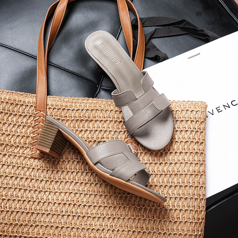 High heeled slippers for women, thick heels, sandals for outdoor wear, 2025 new style sandals, fashionable 5cm, versatile, straight drag without tiring feet