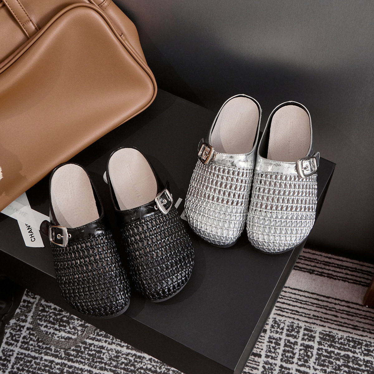 Knitted Baotou Half Slippers Women's Genuine Leather Slippers 2025 Spring/Summer New Round Head Belt Buckle Flat Bottom Inner Height Sandals
