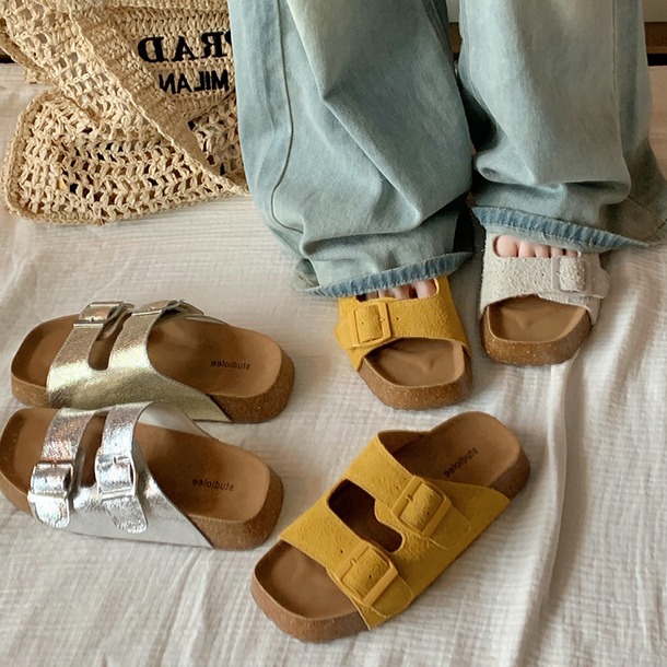 Boken shoes, thick soled slippers for lazy women, one foot on, double breasted anti slip beach shoes, summer outdoor leather sandals